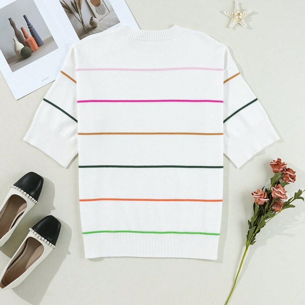 Multicolor Casual Women's Stripe Pattern Batwing 3/4 Sleeve Loose Sweater - Picture 6 of 9
